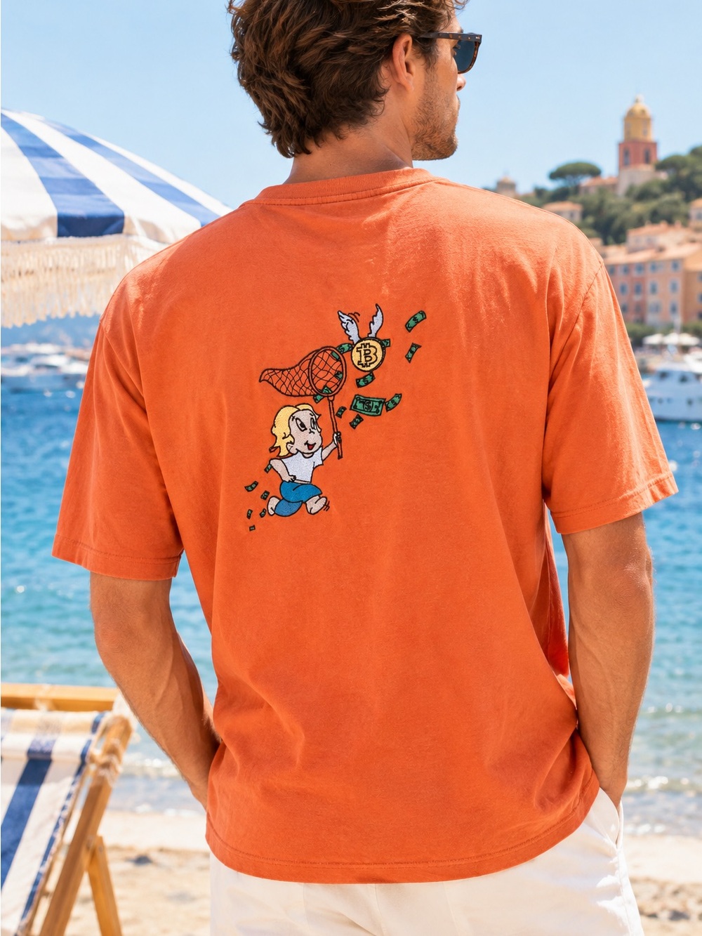 Bain De Mer Catch The Dollar Embroidered T Shirt Orange XL St Tropez NWT